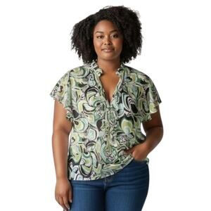 Vtg Y2K Elementz Women's Green & Grey Graphics Ruffles Tie Front Blouse Size 2X